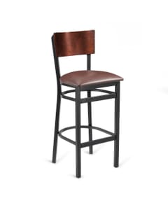 Black Metal Commercial Bar Stool with Square Dark Mahogany Veneer Seat and Back (front)