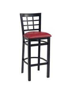 Black Steel Window-Back Restaurant Bar Stool with Upholstered Seat (front)