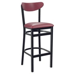 Fully Upholstered Black Metal Commercial Bar Stool with Kidney Shaped Back and Nailhead Trim