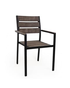 Outdoor Restaurant Chair with Arms - Brushed Brown Synthetic Wood Back and Seat and Black Frame