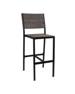 Outdoor Restaurant Bar Stool - Brushed Brown Synthetic Wood Back and Seat and Black Frame 