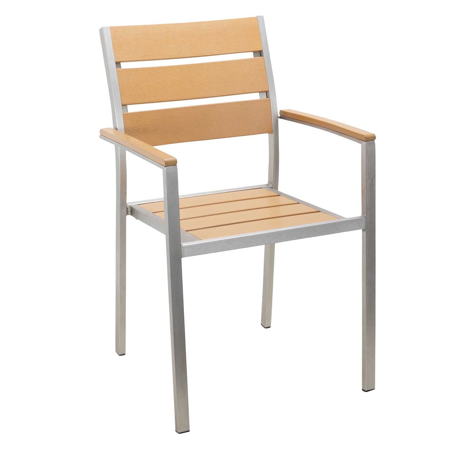 Stackable Outdoor Aluminum Arm Chair with Tan Synthetic Teak Wood Slats