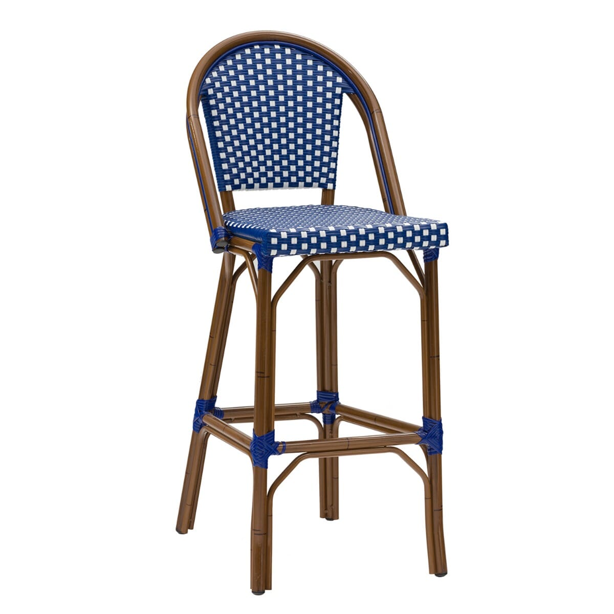 Bistro Synthetic Bamboo Commercial Outdoor Bar Stool with Blue/Black Wicker