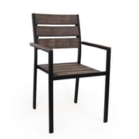 Aluminum Outdoor Stackable Restaurant Arm Chair With Brushed Brown Synthetic Teak Slats