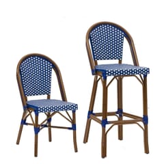 Curved-Back Synthetic Wicker & Bamboo Commercial Outdoor Bar Stool - Blue/White